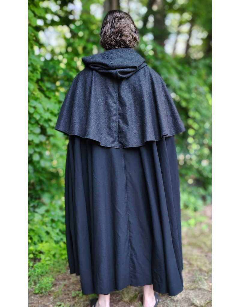 Cloakmakers.com 6102-Washable Black & Charcoal Wool Blend Mantle Cloak w/ Green Velvet Hood Lining & Acorn Oak Leaf Embroidery