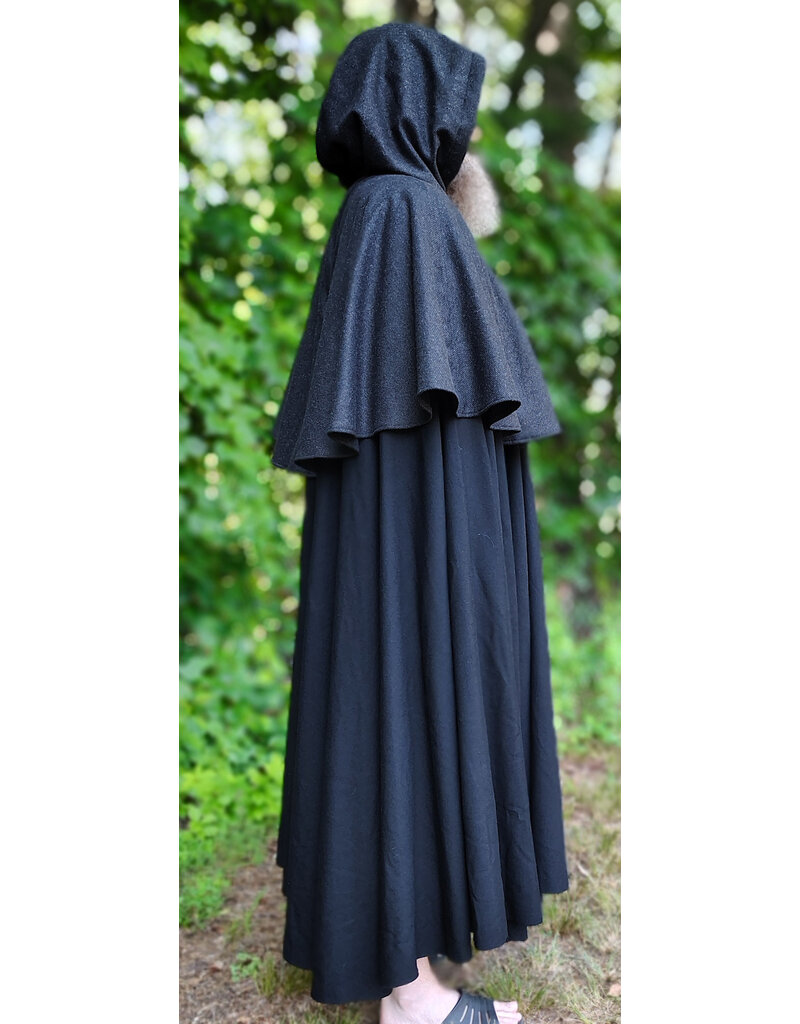 Cloakmakers.com 6102-Washable Black & Charcoal Wool Blend Mantle Cloak w/ Green Velvet Hood Lining & Acorn Oak Leaf Embroidery