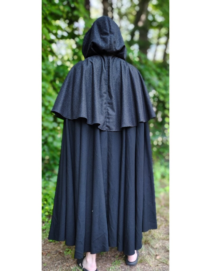 Cloakmakers.com 6102-Washable Black & Charcoal Wool Blend Mantle Cloak w/ Green Velvet Hood Lining & Acorn Oak Leaf Embroidery