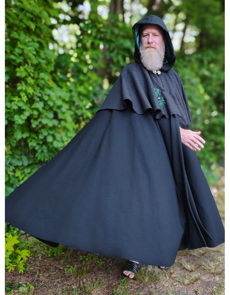 Cloakmakers.com 6102-Washable Black & Charcoal Wool Blend Mantle Cloak w/ Green Velvet Hood Lining & Acorn Oak Leaf Embroidery
