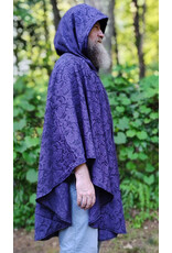 Cloakmakers.com 6103-Washable Lightweight Purple & Black Formal Damask Wool Ruana Cloak w/ Black Velvet Hood Lining & Silver Tone Clasp