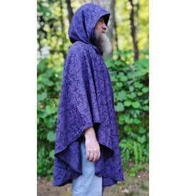 Cloakmakers.com 6103-Washable Lightweight Purple & Black Formal Damask Wool Ruana Cloak w/ Black Velvet Hood Lining & Silver Tone Clasp