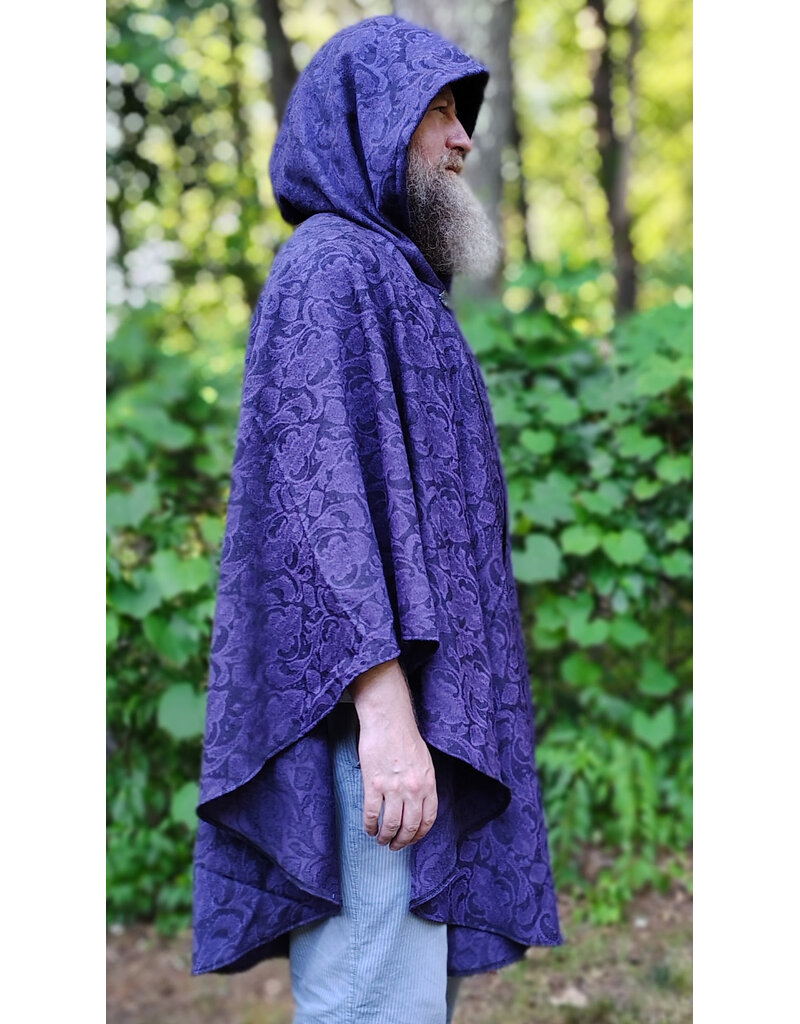 Cloakmakers.com 6103-Washable Lightweight Purple & Black Formal Damask Wool Ruana Cloak w/ Black Velvet Hood Lining & Silver Tone Clasp