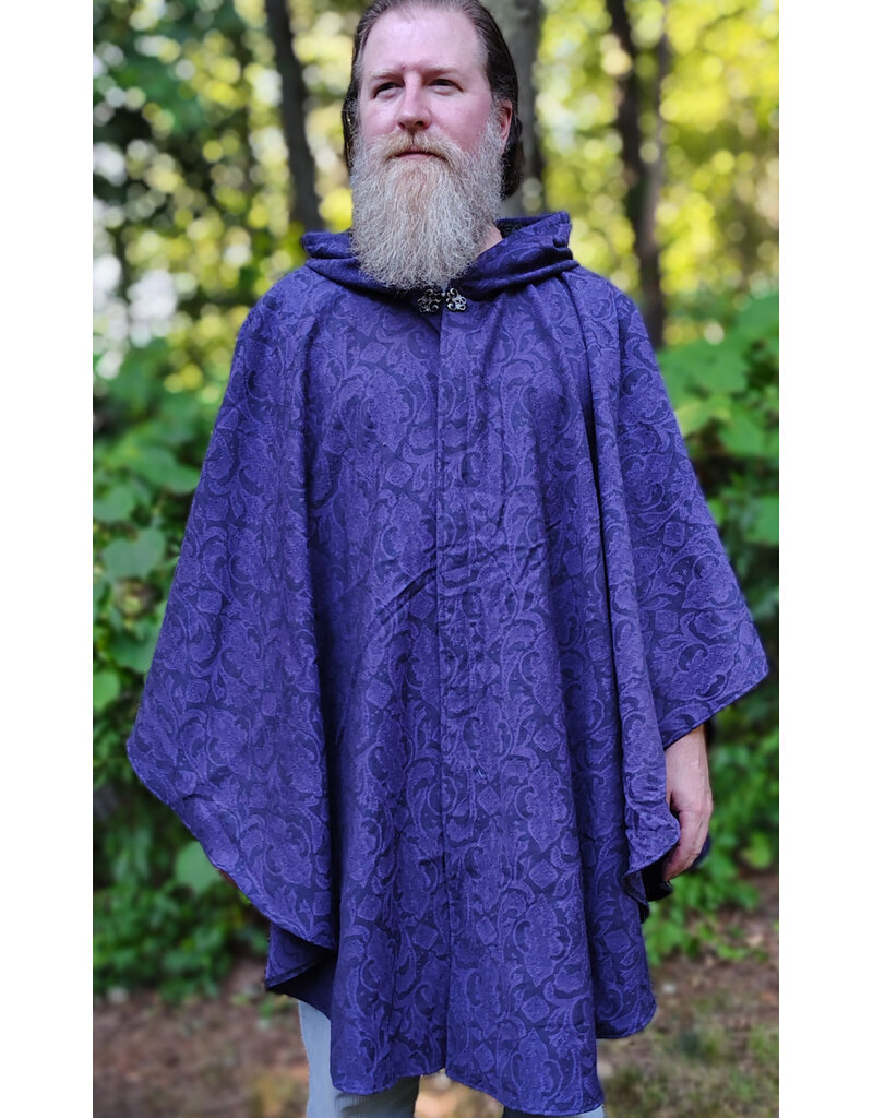 Cloakmakers.com 6103-Washable Lightweight Purple & Black Formal Damask Wool Ruana Cloak w/ Black Velvet Hood Lining & Silver Tone Clasp