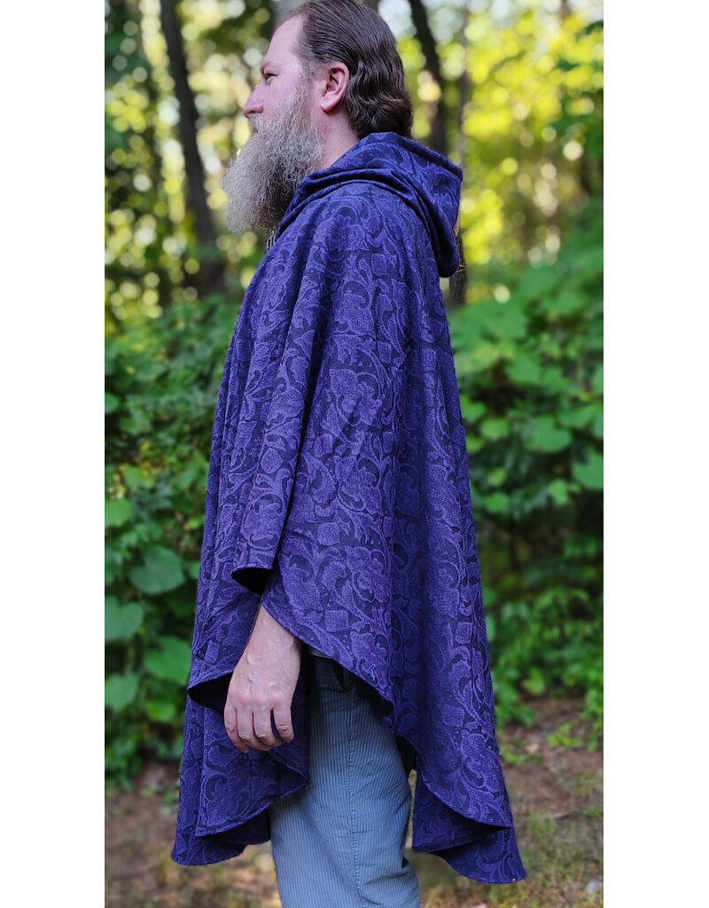 Cloakmakers.com 6103-Washable Lightweight Purple & Black Formal Damask Wool Ruana Cloak w/ Black Velvet Hood Lining & Silver Tone Clasp