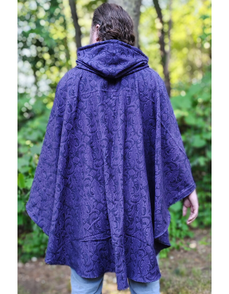 Cloakmakers.com 6103-Washable Lightweight Purple & Black Formal Damask Wool Ruana Cloak w/ Black Velvet Hood Lining & Silver Tone Clasp