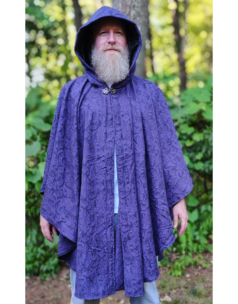 Cloakmakers.com 6103-Washable Lightweight Purple & Black Formal Damask Wool Ruana Cloak w/ Black Velvet Hood Lining & Silver Tone Clasp