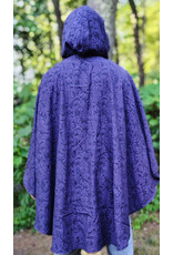 Cloakmakers.com 6103-Washable Lightweight Purple & Black Formal Damask Wool Ruana Cloak w/ Black Velvet Hood Lining & Silver Tone Clasp