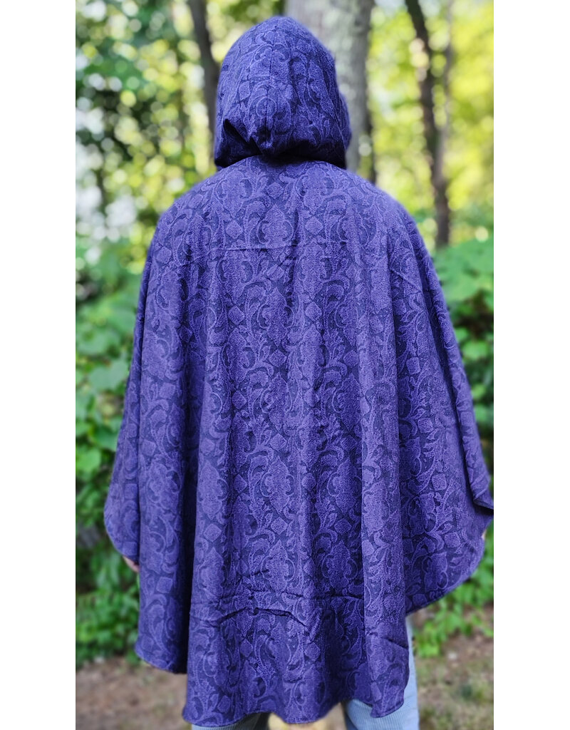 Cloakmakers.com 6103-Washable Lightweight Purple & Black Formal Damask Wool Ruana Cloak w/ Black Velvet Hood Lining & Silver Tone Clasp