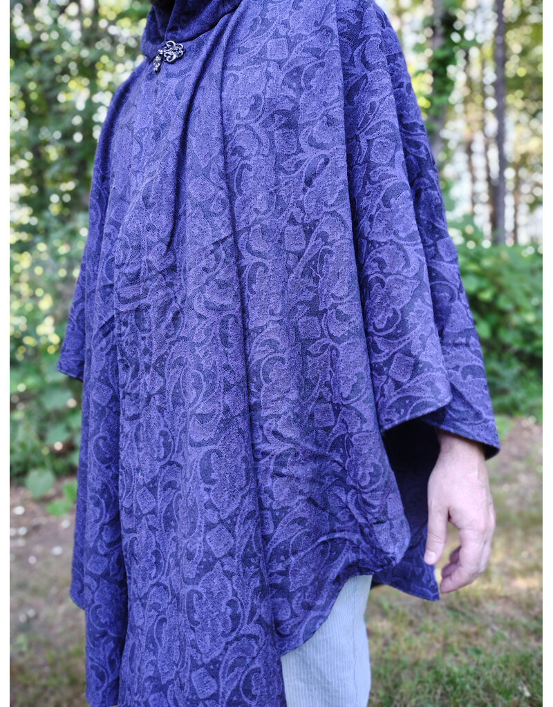 Cloakmakers.com 6103-Washable Lightweight Purple & Black Formal Damask Wool Ruana Cloak w/ Black Velvet Hood Lining & Silver Tone Clasp