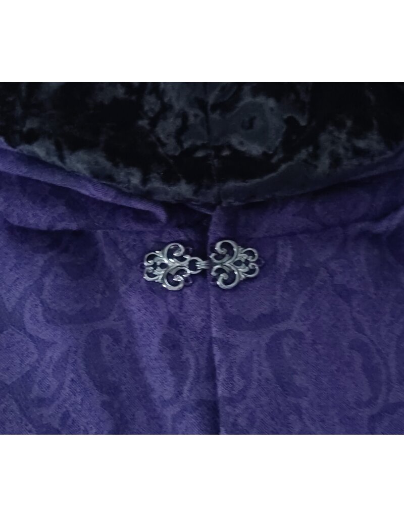 Cloakmakers.com 6103-Washable Lightweight Purple & Black Formal Damask Wool Ruana Cloak w/ Black Velvet Hood Lining & Silver Tone Clasp
