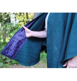 Cloakmakers.com 6104-Washable Emerald Green Wool Cloak w/ Purple Velvet Hood Lining & Purple & Black Damask Interior Pockets