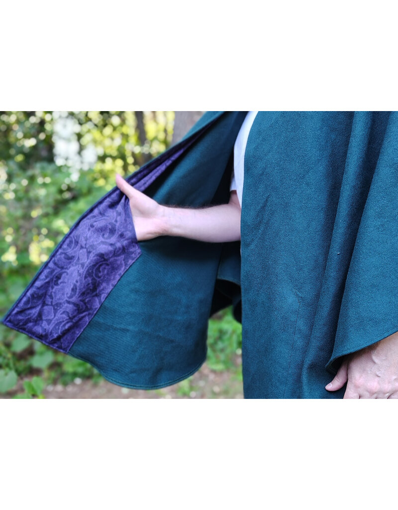 Cloakmakers.com 6104-Washable Emerald Green Wool Cloak w/ Purple Velvet Hood Lining & Purple & Black Damask Interior Pockets