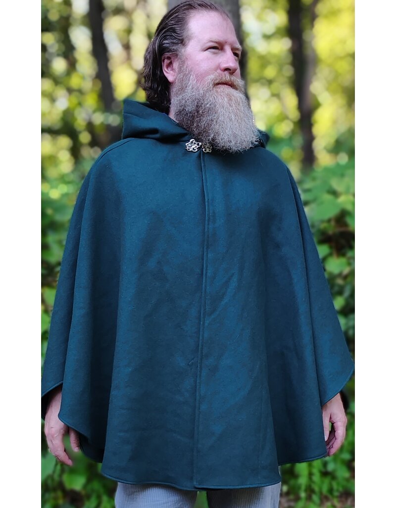 Cloakmakers.com 6104-Washable Emerald Green Wool Cloak w/ Purple Velvet Hood Lining & Purple & Black Damask Interior Pockets