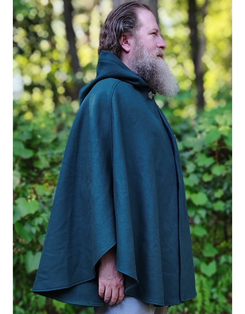 Cloakmakers.com 6104-Washable Emerald Green Wool Cloak w/ Purple Velvet Hood Lining & Purple & Black Damask Interior Pockets