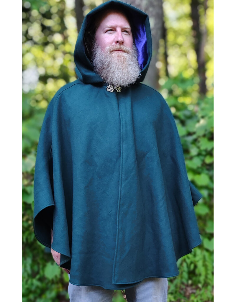 Cloakmakers.com 6104-Washable Emerald Green Wool Cloak w/ Purple Velvet Hood Lining & Purple & Black Damask Interior Pockets