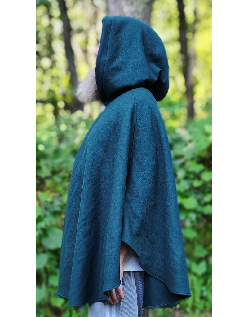 Cloakmakers.com 6104-Washable Emerald Green Wool Cloak w/ Purple Velvet Hood Lining & Purple & Black Damask Interior Pockets