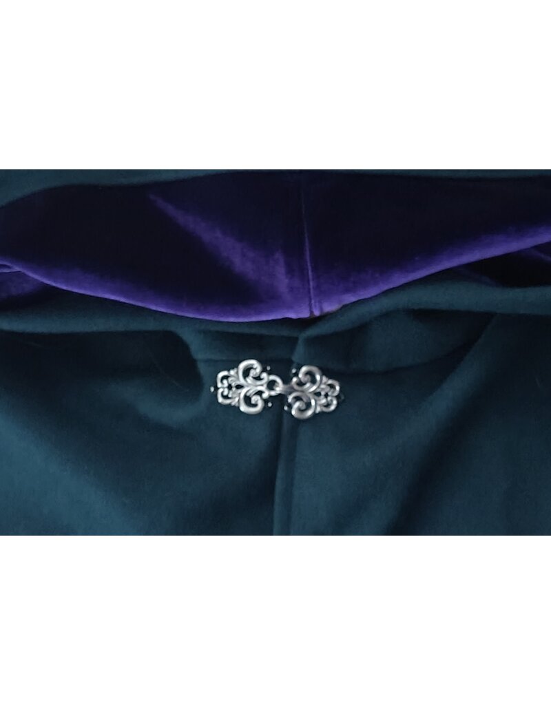Cloakmakers.com 6104-Washable Emerald Green Wool Cloak w/ Purple Velvet Hood Lining & Purple & Black Damask Interior Pockets