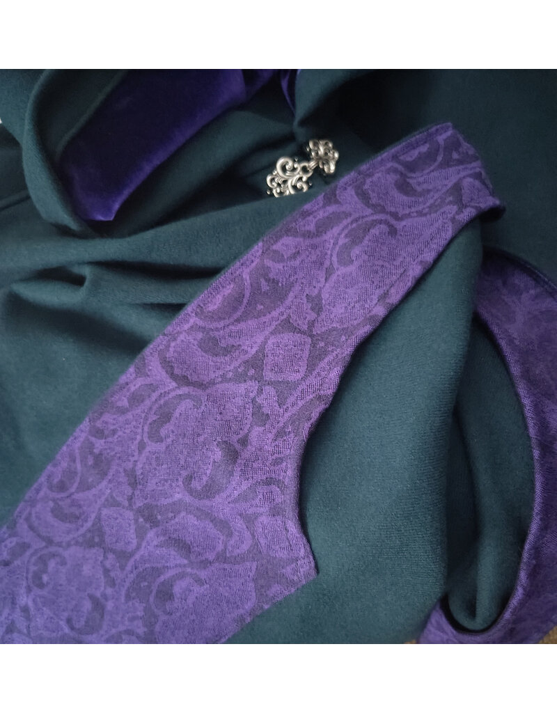 Cloakmakers.com 6104-Washable Emerald Green Wool Cloak w/ Purple Velvet Hood Lining & Purple & Black Damask Interior Pockets