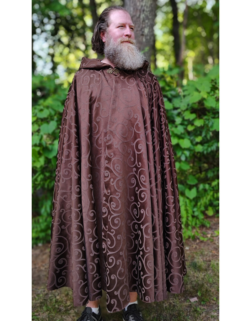 Cloakmakers.com 6105-Washable Brown Tone on Tone Swirly Damask Jacquard Pattern Cloak w/ Bronze Tone Clasp
