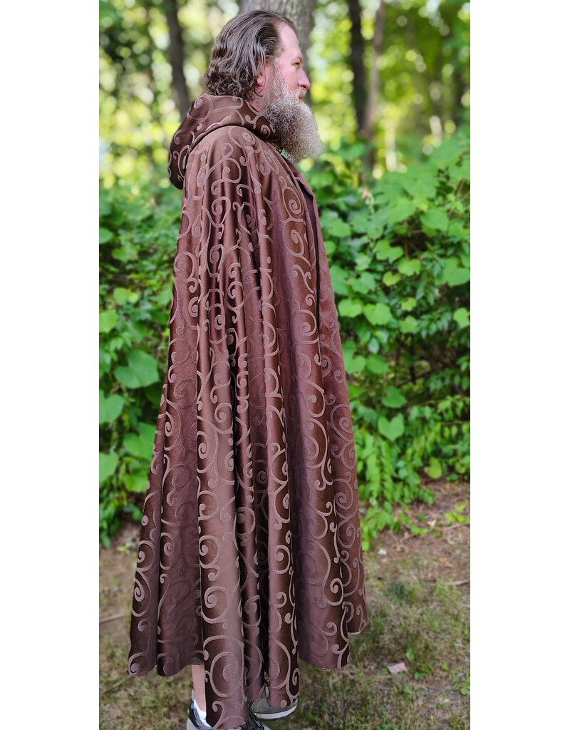 Cloakmakers.com 6105-Washable Brown Tone on Tone Swirly Damask Jacquard Pattern Cloak w/ Bronze Tone Clasp