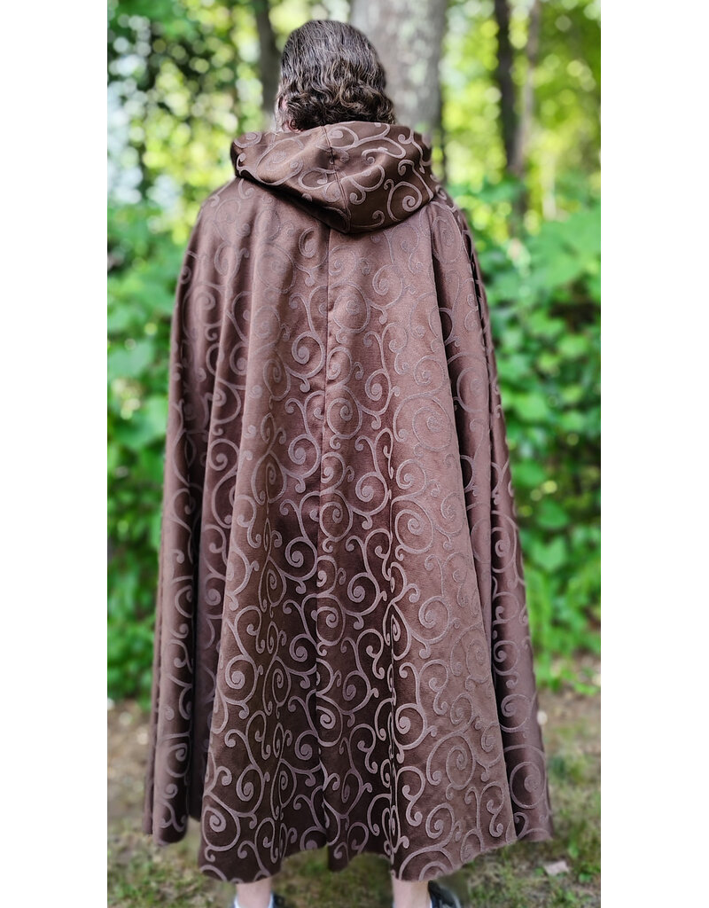Cloakmakers.com 6105-Washable Brown Tone on Tone Swirly Damask Jacquard Pattern Cloak w/ Bronze Tone Clasp