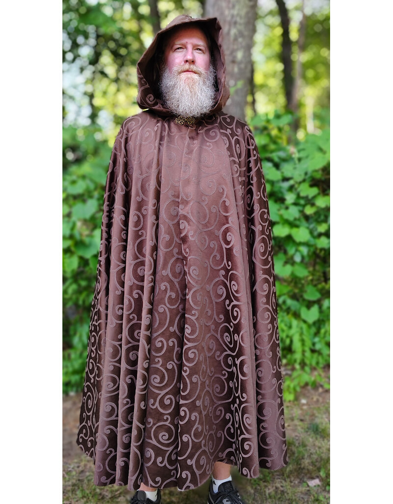Cloakmakers.com 6105-Washable Brown Tone on Tone Swirly Damask Jacquard Pattern Cloak w/ Bronze Tone Clasp
