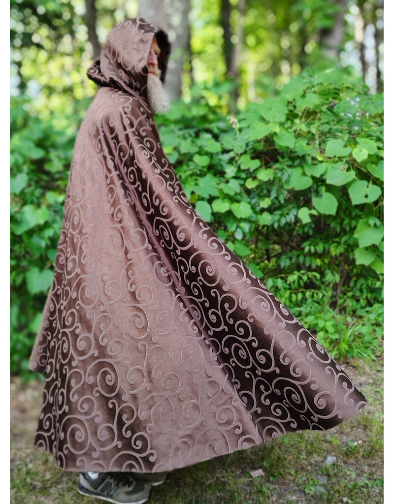 Cloakmakers.com 6105-Washable Brown Tone on Tone Swirly Damask Jacquard Pattern Cloak w/ Bronze Tone Clasp