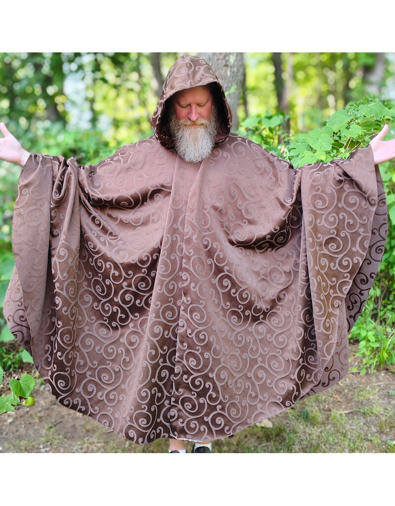 Cloakmakers.com 6105-Washable Brown Tone on Tone Swirly Damask Jacquard Pattern Cloak w/ Bronze Tone Clasp