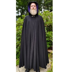 Cloakmakers.com 6109-Black Wool Blend Cloak w/ Deep Purple Velvet Hood Lining & Gothic Rose Clasp