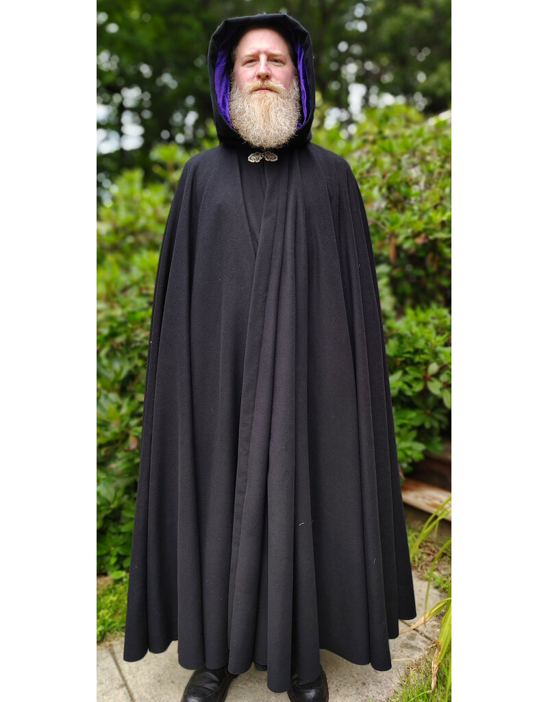 Cloakmakers.com 6109-Black Wool Blend Cloak w/ Deep Purple Velvet Hood Lining & Gothic Rose Clasp