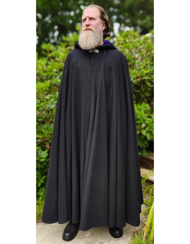 Cloakmakers.com 6109-Black Wool Blend Cloak w/ Deep Purple Velvet Hood Lining & Gothic Rose Clasp