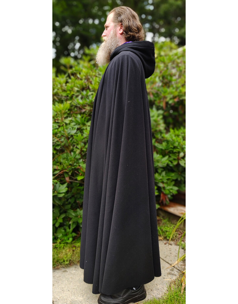 Cloakmakers.com 6109-Black Wool Blend Cloak w/ Deep Purple Velvet Hood Lining & Gothic Rose Clasp