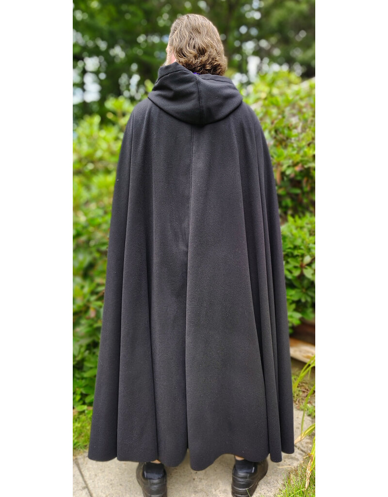 Cloakmakers.com 6109-Black Wool Blend Cloak w/ Deep Purple Velvet Hood Lining & Gothic Rose Clasp