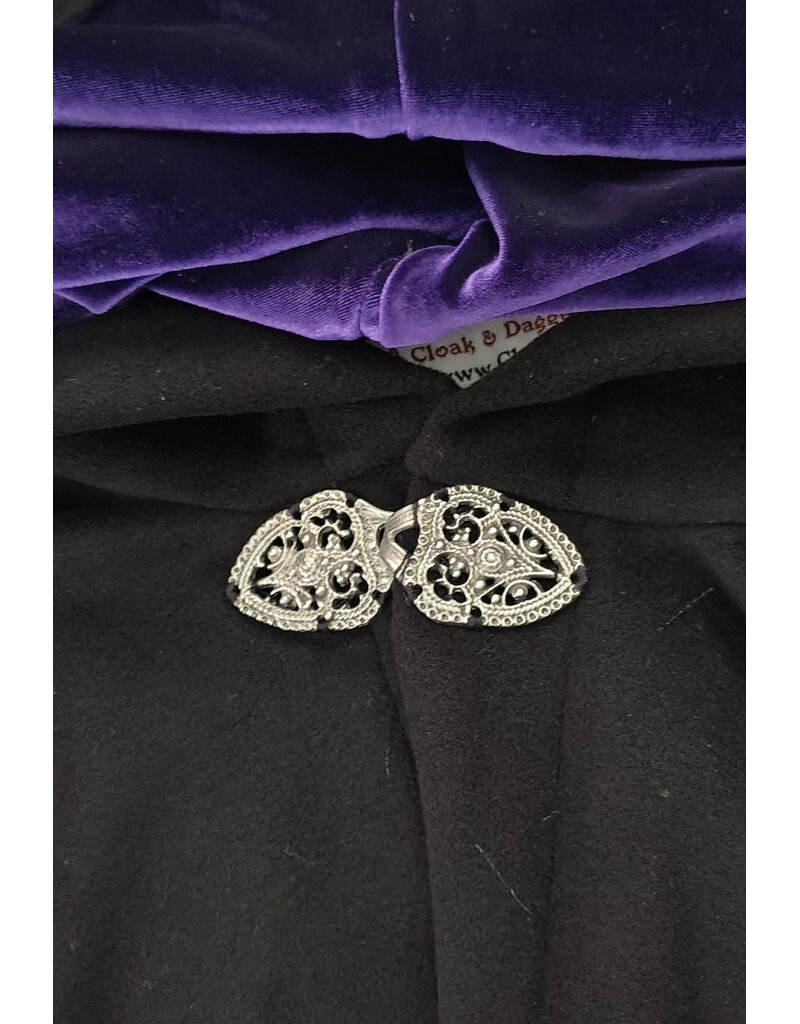 Cloakmakers.com 6109-Black Wool Blend Cloak w/ Deep Purple Velvet Hood Lining & Gothic Rose Clasp