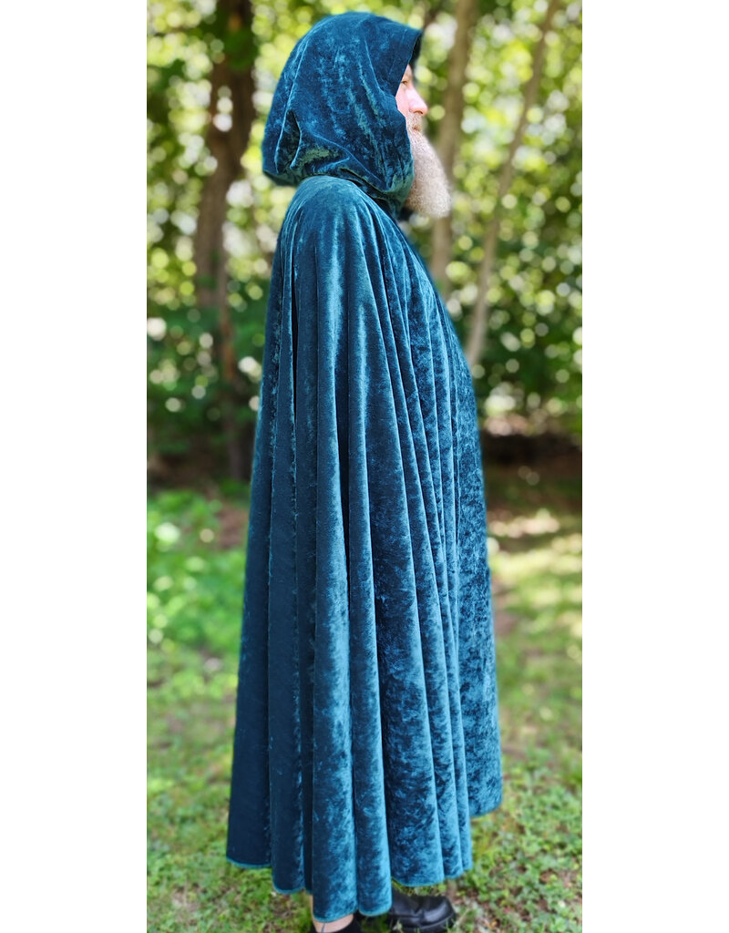 Cloakmakers.com 6113-Washable Teal Blue Velvet Cloak w/ Black Velvet Hood Lining & Gothic Rose Clasp