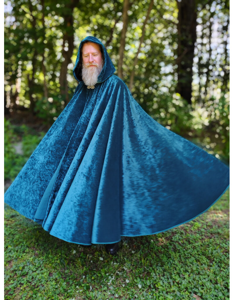 Cloakmakers.com 6113-Washable Teal Blue Velvet Cloak w/ Black Velvet Hood Lining & Gothic Rose Clasp