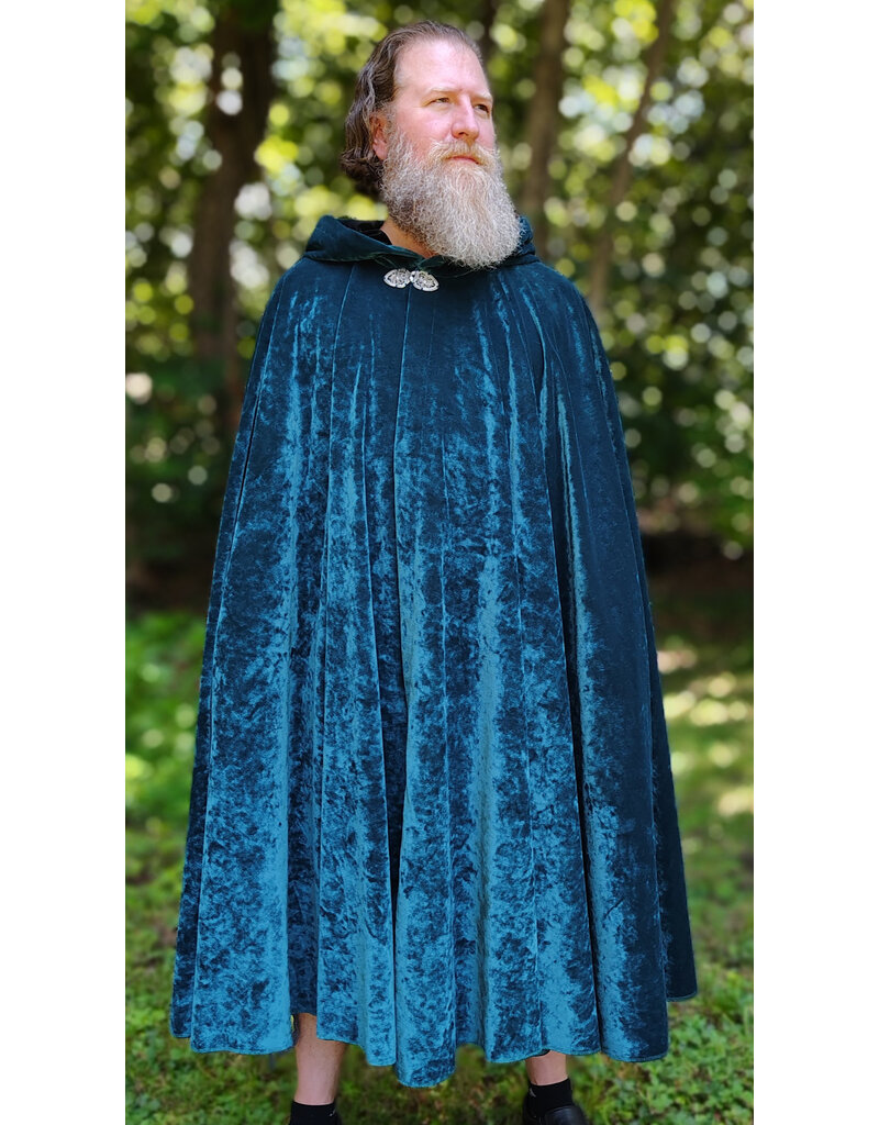 Cloakmakers.com 6113-Washable Teal Blue Velvet Cloak w/ Black Velvet Hood Lining & Gothic Rose Clasp