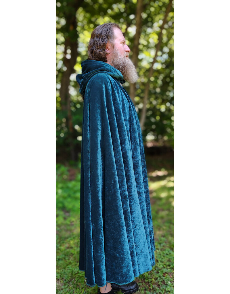 Cloakmakers.com 6113-Washable Teal Blue Velvet Cloak w/ Black Velvet Hood Lining & Gothic Rose Clasp