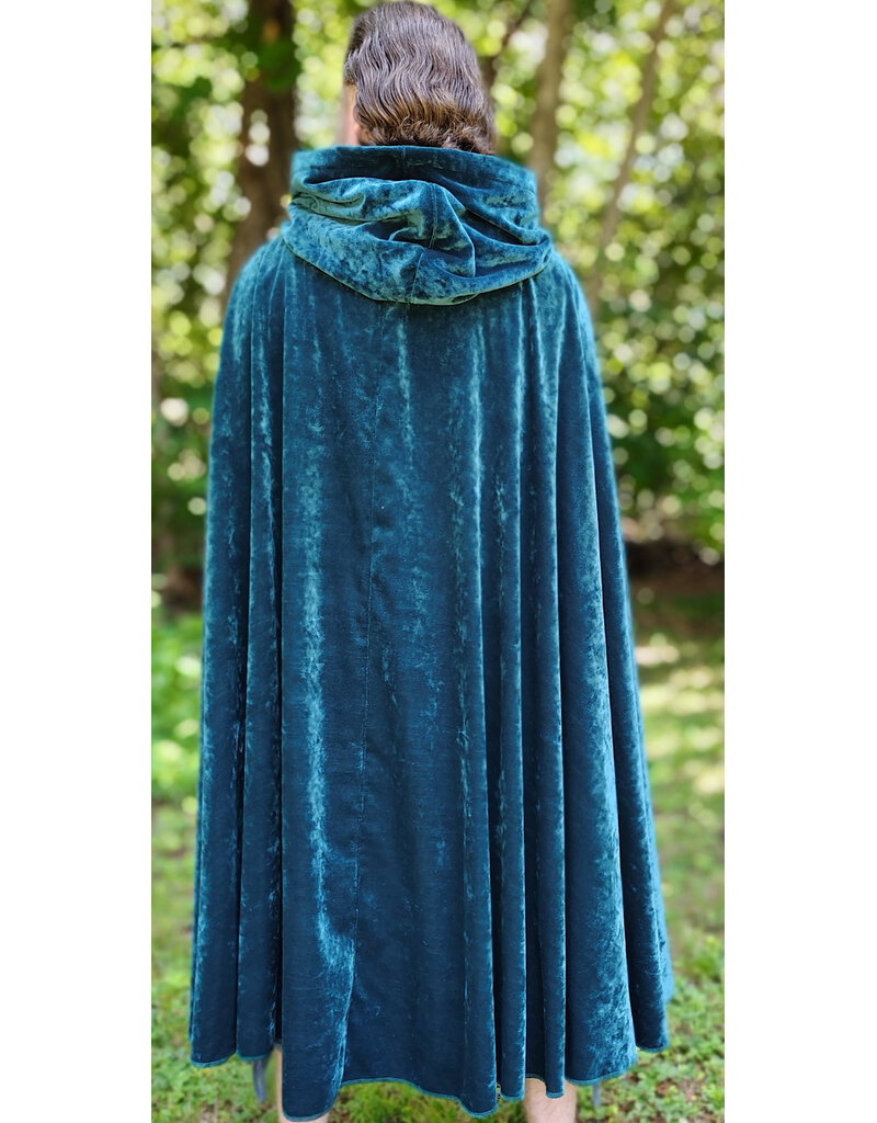 Cloakmakers.com 6113-Washable Teal Blue Velvet Cloak w/ Black Velvet Hood Lining & Gothic Rose Clasp