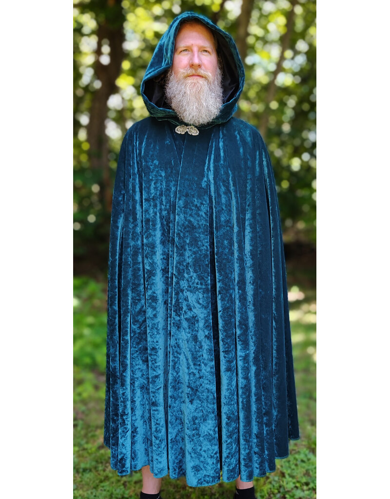 Cloakmakers.com 6113-Washable Teal Blue Velvet Cloak w/ Black Velvet Hood Lining & Gothic Rose Clasp
