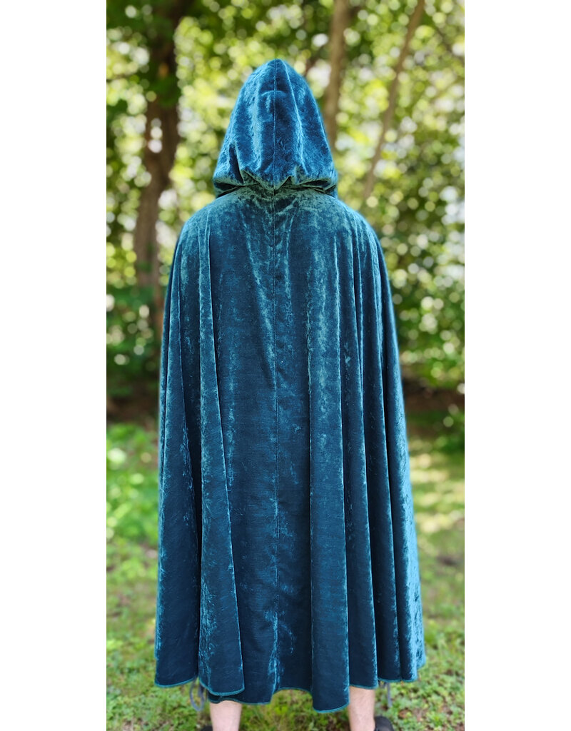 Cloakmakers.com 6113-Washable Teal Blue Velvet Cloak w/ Black Velvet Hood Lining & Gothic Rose Clasp