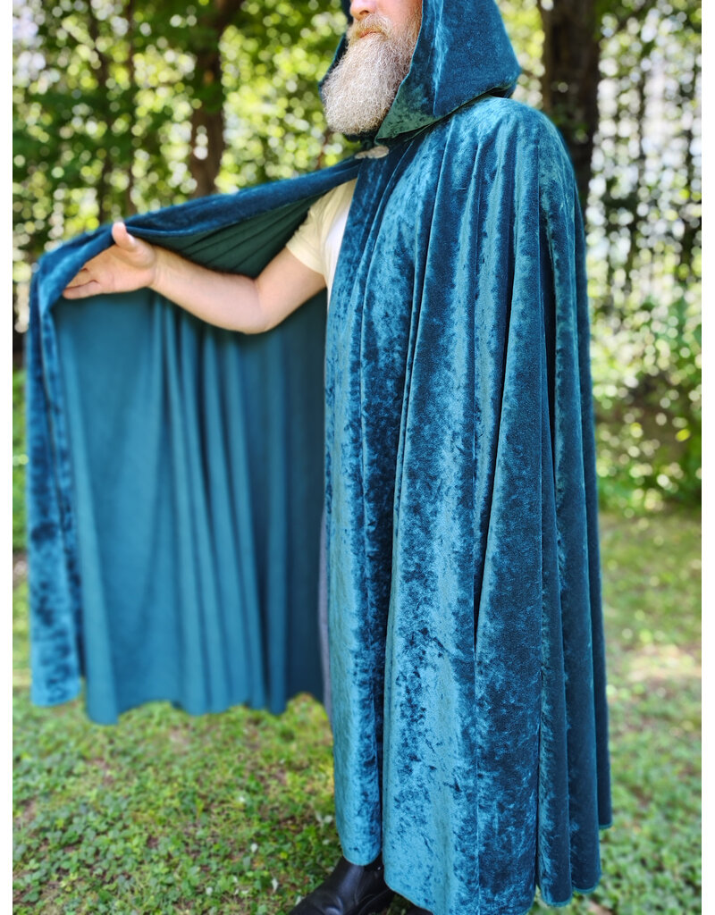 Cloakmakers.com 6113-Washable Teal Blue Velvet Cloak w/ Black Velvet Hood Lining & Gothic Rose Clasp
