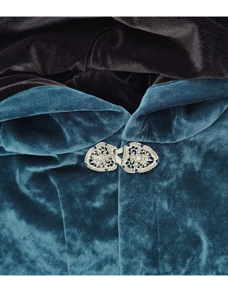 Cloakmakers.com 6113-Washable Teal Blue Velvet Cloak w/ Black Velvet Hood Lining & Gothic Rose Clasp