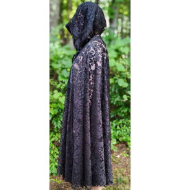 Cloakmakers.com 6114-Washable Black Lace Hooded Cloak w/ Black Ribbon Closure