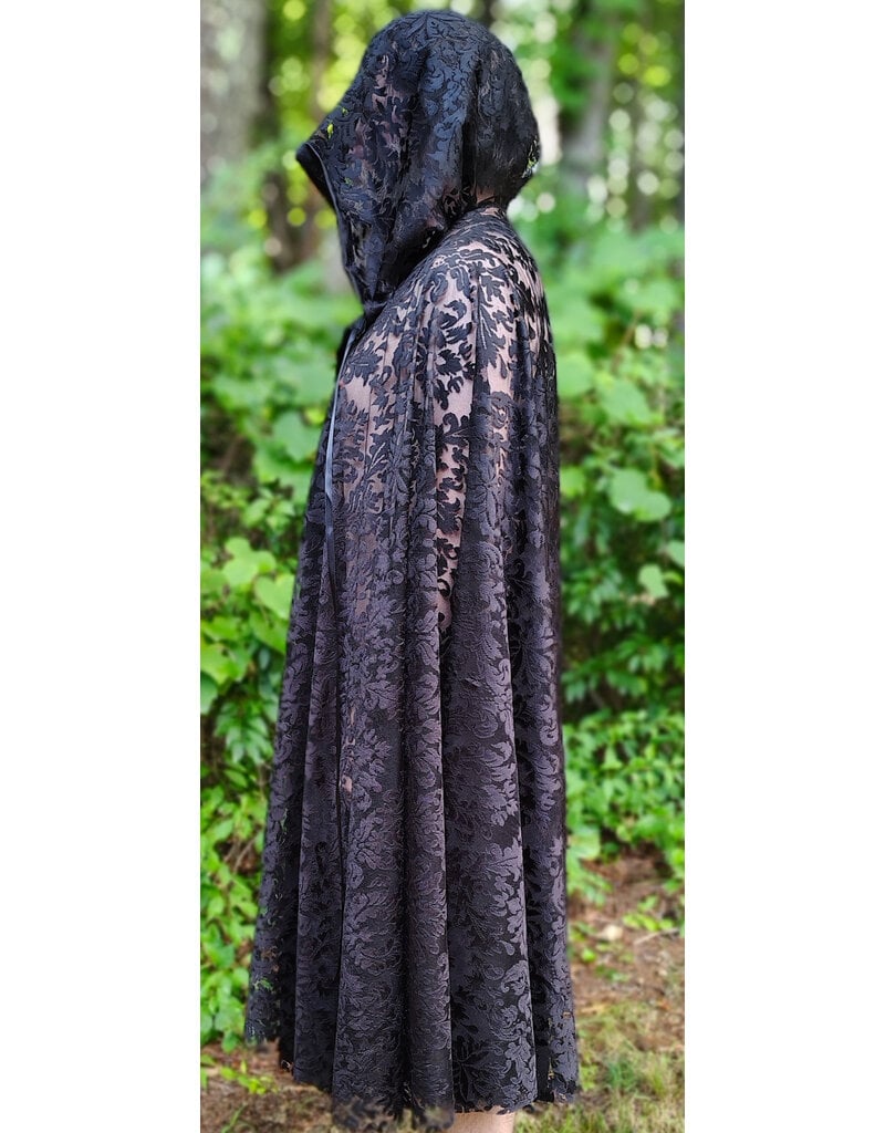 Cloakmakers.com 6114-Washable Black Lace Hooded Cloak w/ Black Ribbon Closure