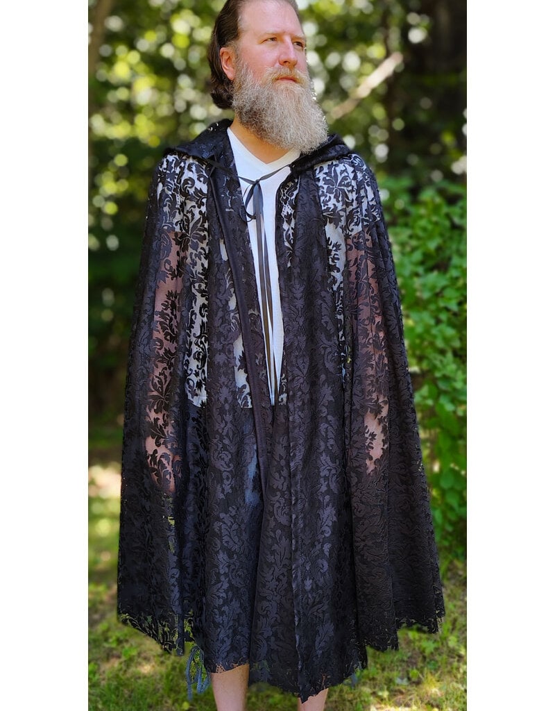 Cloakmakers.com 6114-Washable Black Lace Hooded Cloak w/ Black Ribbon Closure