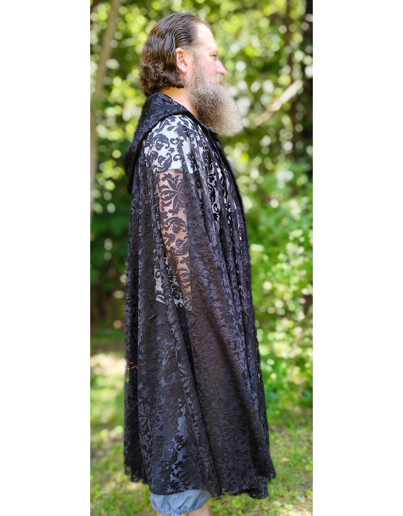 Cloakmakers.com 6114-Washable Black Lace Hooded Cloak w/ Black Ribbon Closure