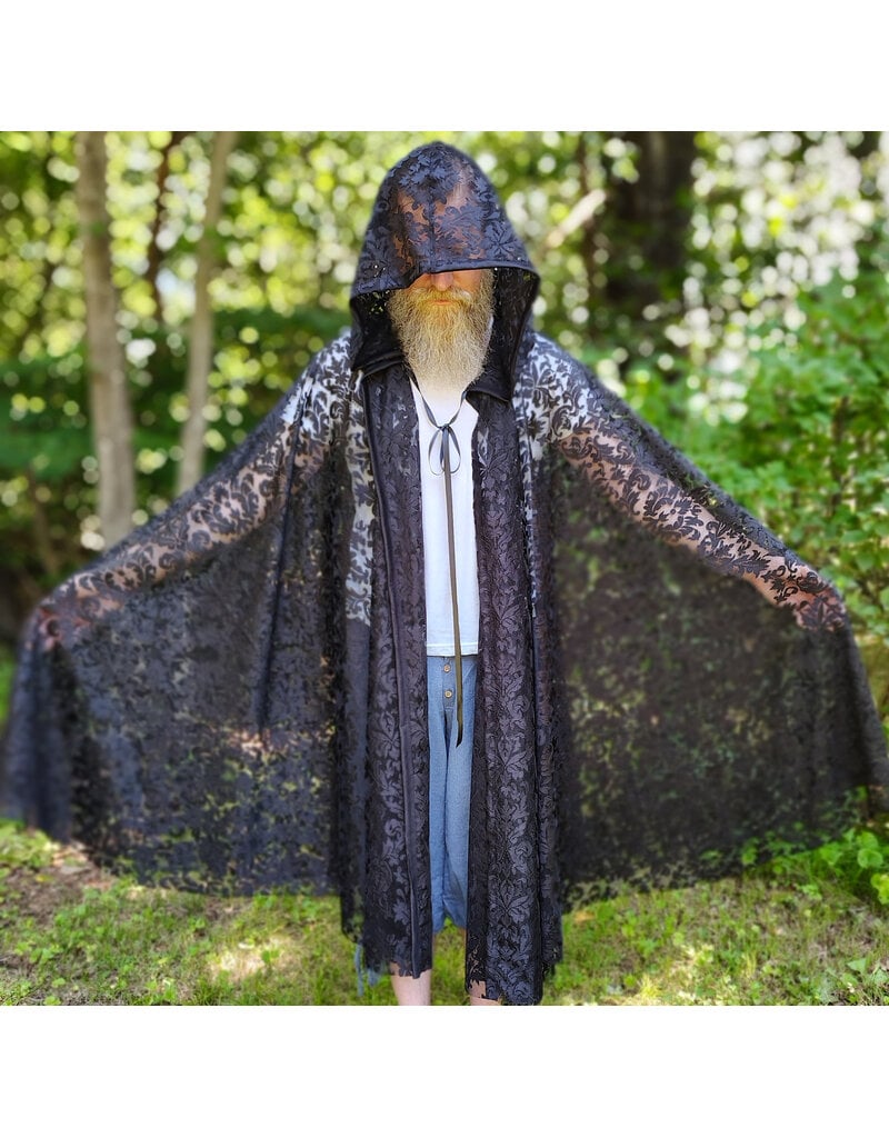 Cloakmakers.com 6114-Washable Black Lace Hooded Cloak w/ Black Ribbon Closure