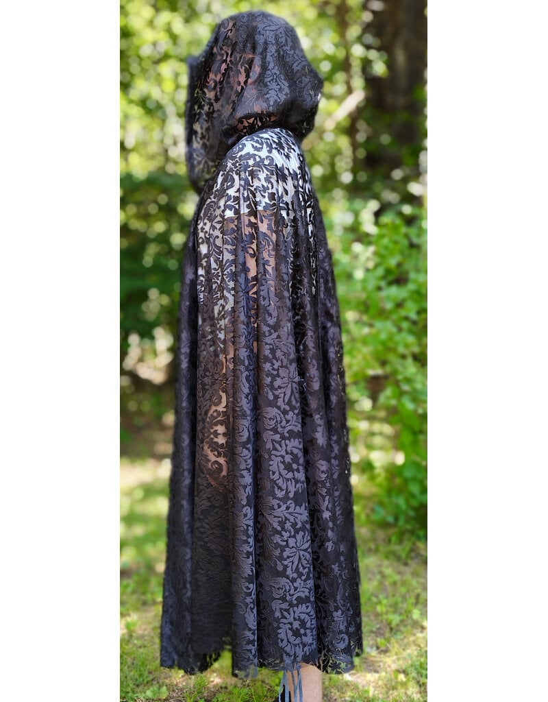 Cloakmakers.com 6114-Washable Black Lace Hooded Cloak w/ Black Ribbon Closure